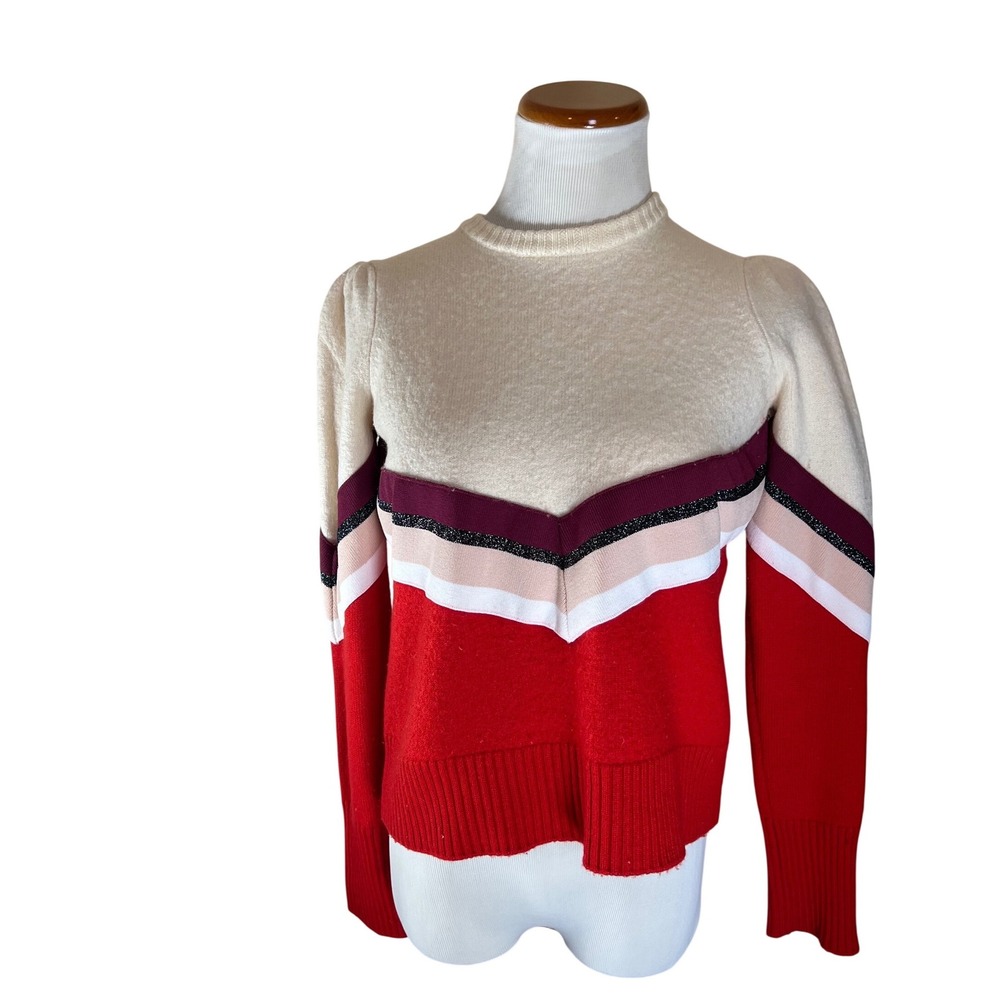 Maje Cozy Colorblock Preppy Chevron Stripe Sweater Cream Redâ Burgundy Large